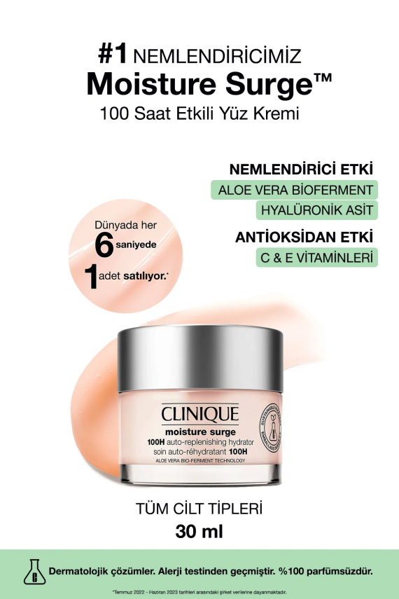 Clinique Moisture Surge™ 100 Saat Etkili Nemlendirici Yüz Kremi 30ml | Aloe Vera Bioferment, Hyalüronik Asit - 1