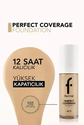 Flormar Perfect Coverage SPF15 Fondöten – Yüksek Pigmentli, Yarı Parlak Bitişli (102 Soft Beige) - 4