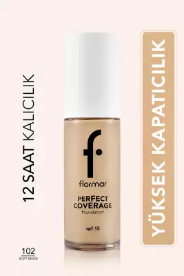 Flormar Perfect Coverage SPF15 Fondöten – Yüksek Pigmentli, Yarı Parlak Bitişli (102 Soft Beige) - 1