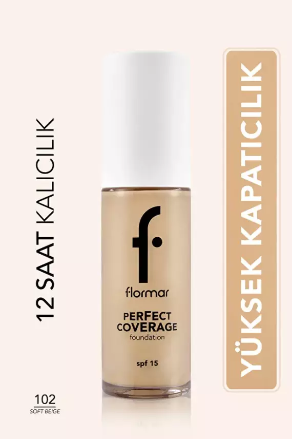 Flormar Perfect Coverage SPF15 Fondöten – Yüksek Pigmentli, Yarı Parlak Bitişli (102 Soft Beige) - 1