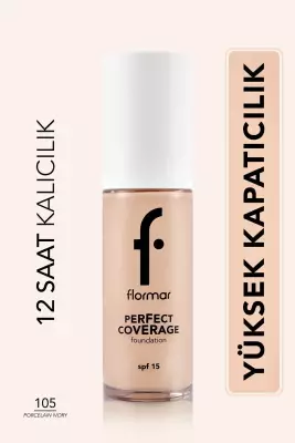 Flormar Perfect Coverage Yoğun Kapatıcı Su Bazlı Fondöten(PEMBE ALT TON) -105 Porcelain Ivory - 1