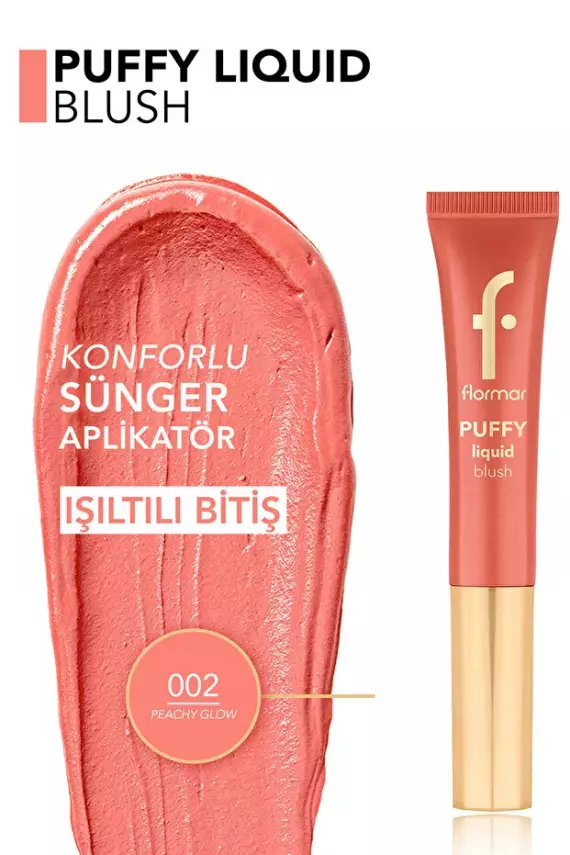 Flormar Puffy Nemlendirici Etkili & Parlak Bitişli Sünger Aplikatörlü Likit Allık – 002 Peachy Glow - 3