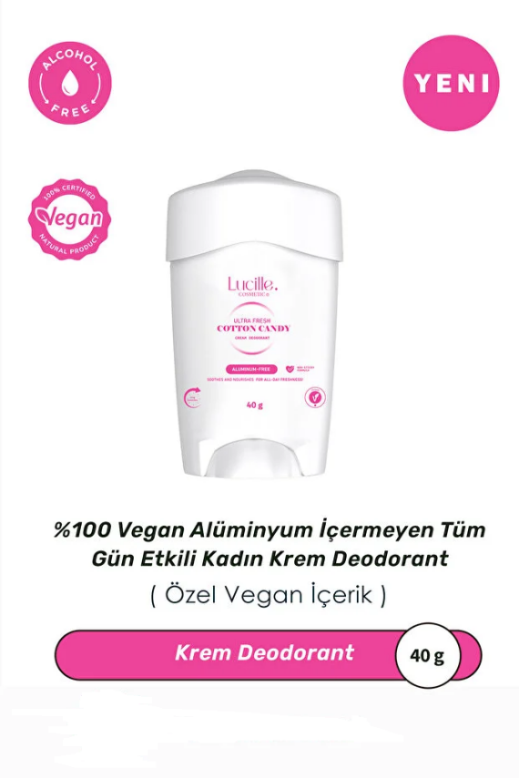 Lucille %100 Vegan Alüminyum İçermeyen Tüm Gün Etkili Kadın Krem Deodorant - Pamuk Şeker Esanslı 40 gr - 1