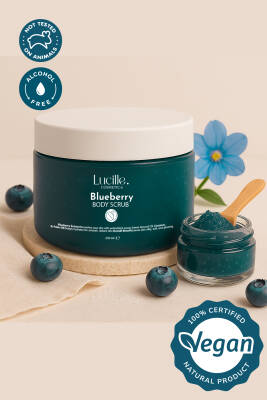 Lucille %100 Vegan Blueberry Aromalı Şekerli Body Scrub – 250 gr – Canlandırıcı, Pürüzsüzleştirici & Nemlendirici Etki - Lucille Cosmetic