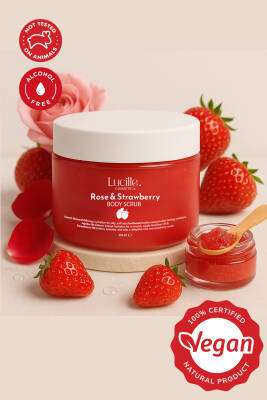 Lucille %100 Vegan Çilek Aromalı Şekerli Body Scrub – 250 gr – Canlandırıcı, Nemlendirici & Tatlı Kokulu Vücut Peeling - Lucille Cosmetic