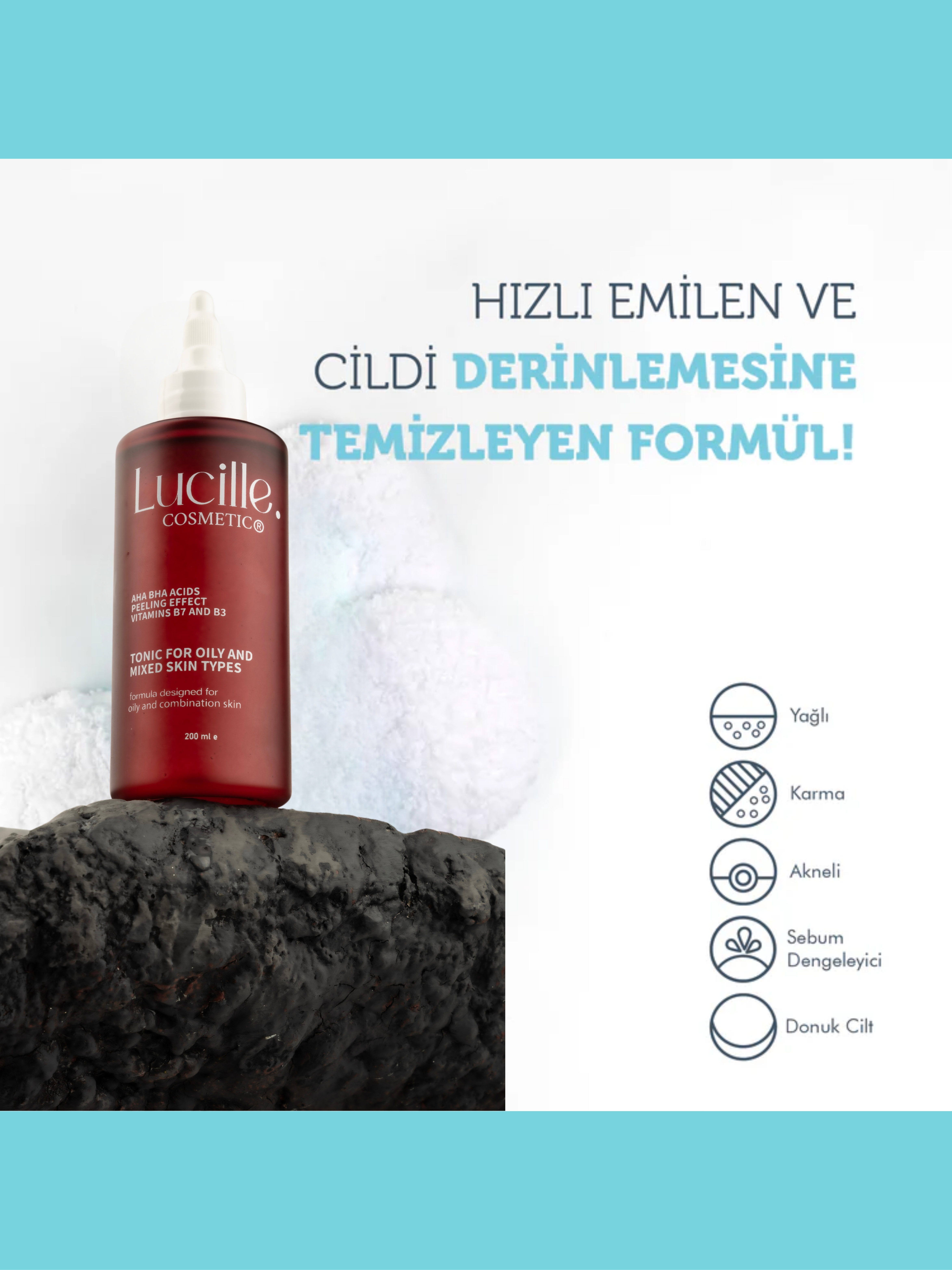 Lucille Gözenek Sıkılaştırıcı Tonik – AHA + BHA & Vitamin Kompleksi İçerikli – 200 ml – %100 Vegan Formül (Yağlı ve Karma Ciltler için) - 3