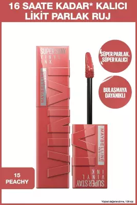 Maybelline New York Super Stay Vinyl Ink Uzun Süre Kalıcı Şeftali Tonlu Likit Parlak Ruj - 15 Peachy - 1